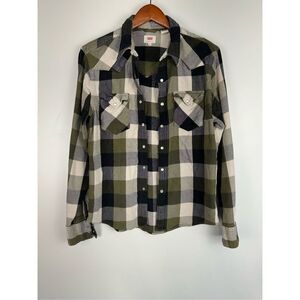 Levi's Women's Plaid Pockets Button Down Shirt Black Green Size Medium